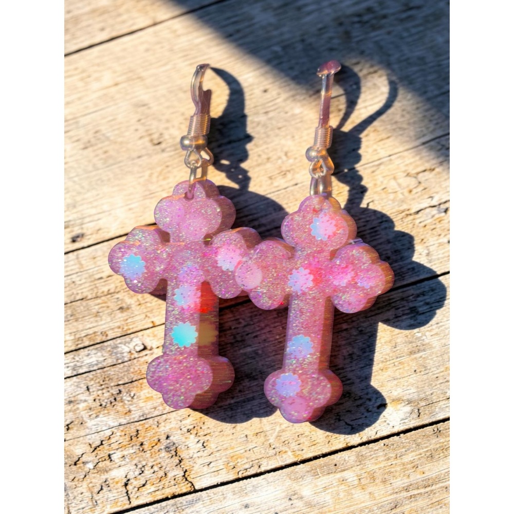 Handmade Floral Cross Resin Earrings